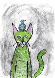 Green cat with bird on head
