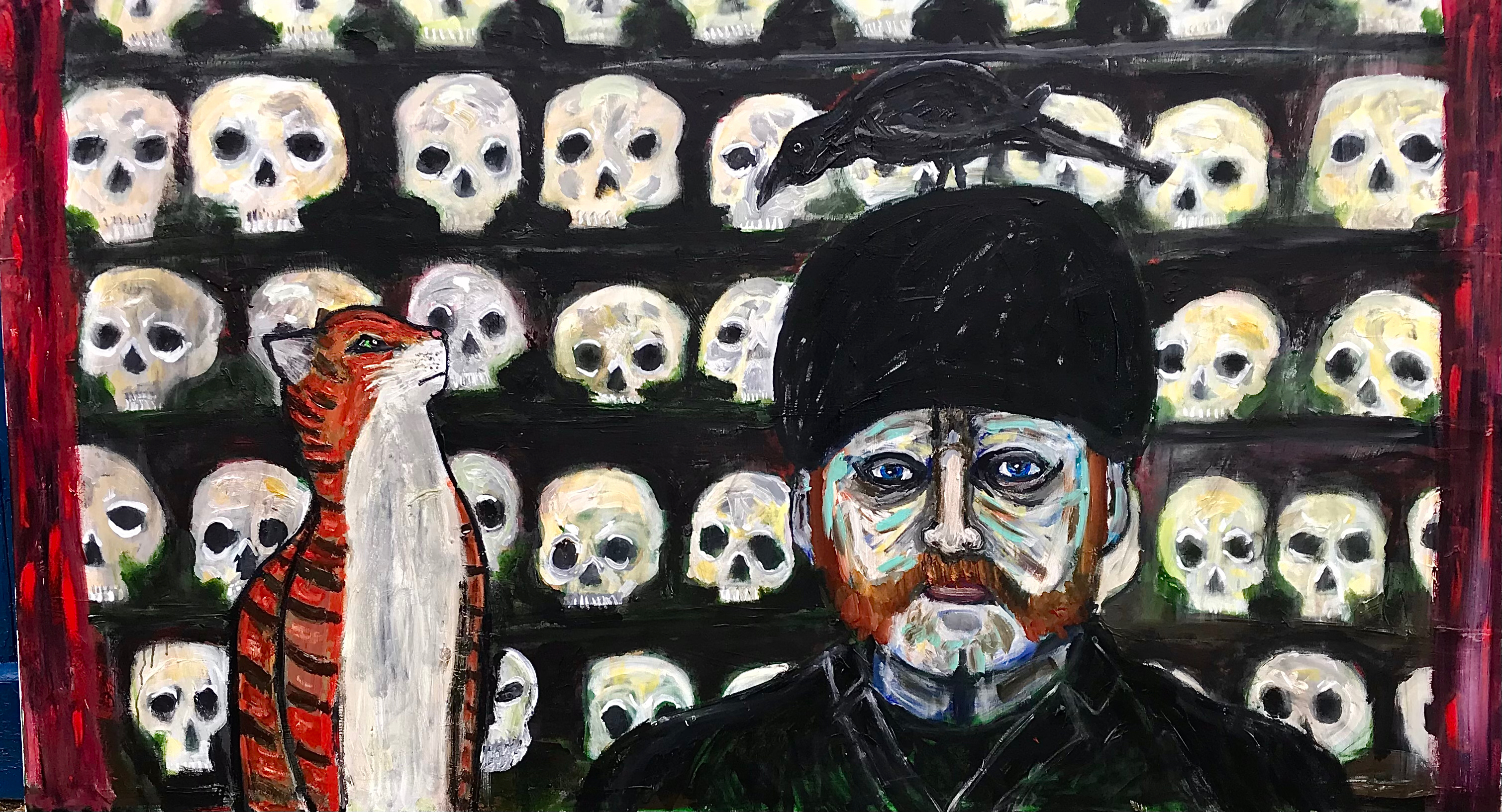 Self portrait with skull background.