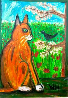 "Ginger cat and blackbird"