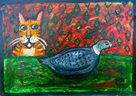 "Cat looking at pigeon"