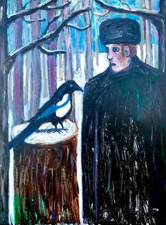 "Self portrait with talking magpie"