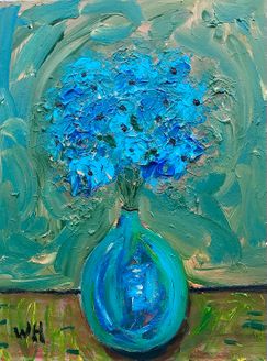 "Blue flowers in blue vase"