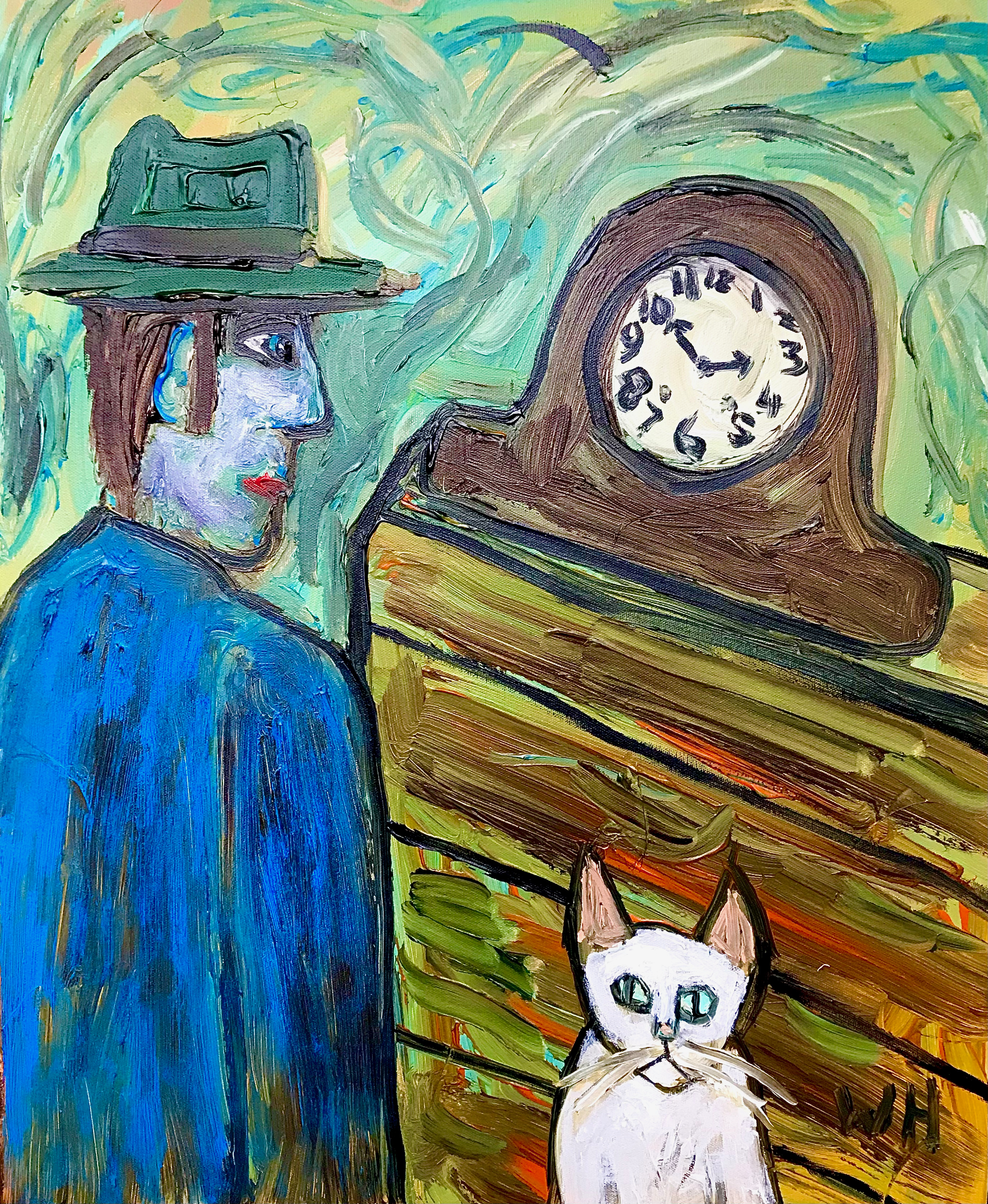 Man looking at clock (with cat thrown in).